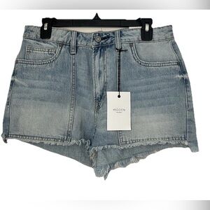 HIDDEN NWT denim SHORTS WOMEN’S L SOFIE Mom Exposed Pocket Blue Jeans Frayed 3”